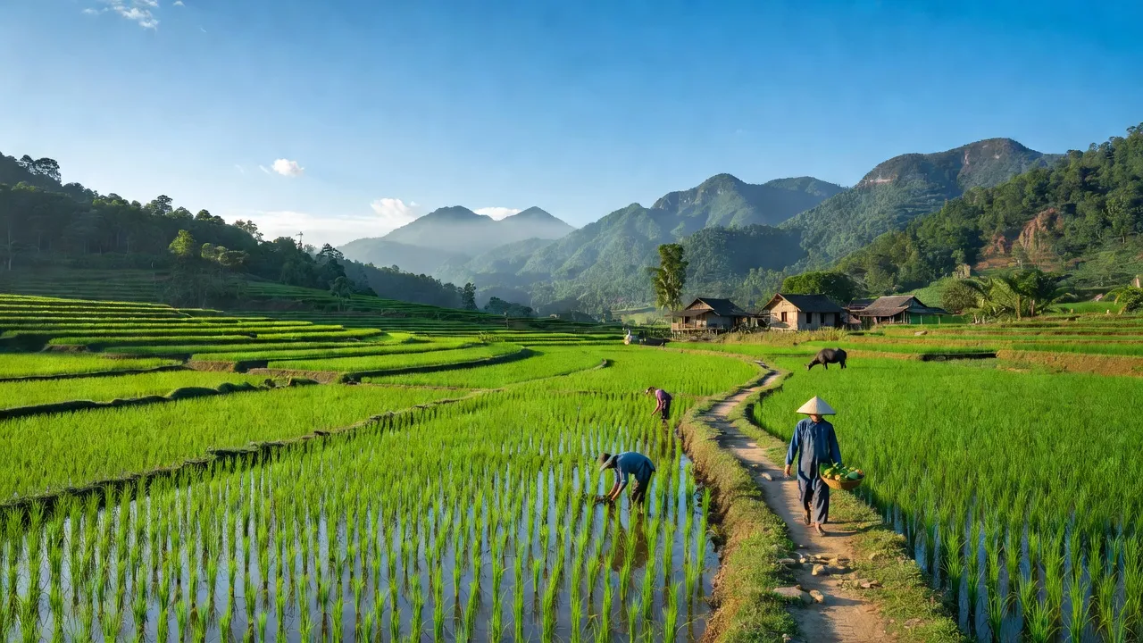 Cánh đồng xanh ở xã Kiên Lao, thị xã Chũ, Bắc Giang với đồi núi và bầu trời trong xanh.