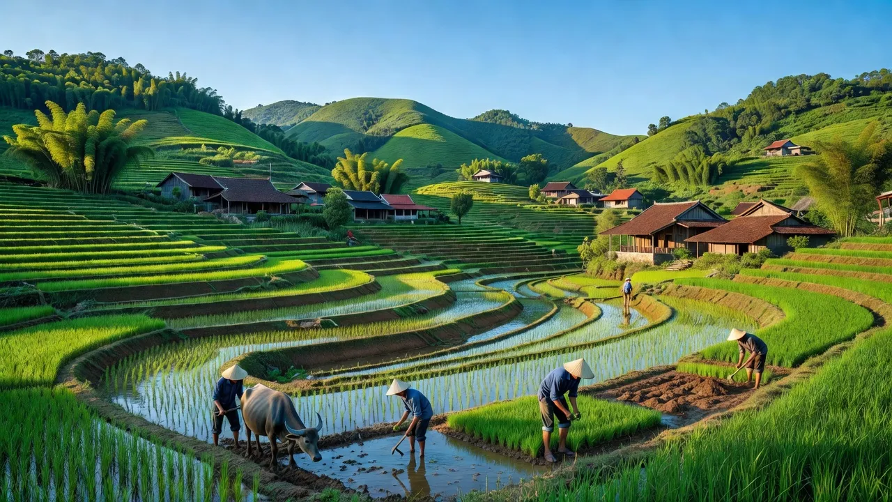 Cảnh quan xã Kiên Thành, Thị xã Chũ, tỉnh Bắc Giang với đồi núi và ruộng bậc thang.
