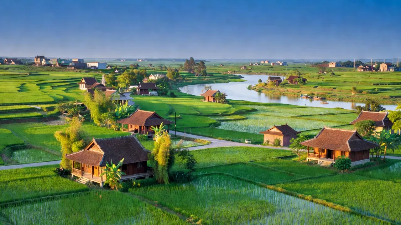 Khung cảnh xã Mỹ An, Thị xã Chũ, Bắc Giang với cánh đồng xanh và sông Lục Nam.