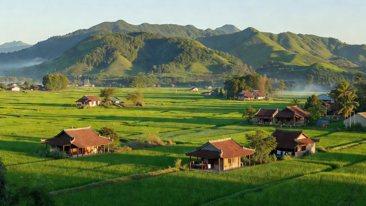 Cảnh đẹp xã Nam Dương, Thị xã Chũ, tỉnh Bắc Giang với núi non và cánh đồng thơ mộng.