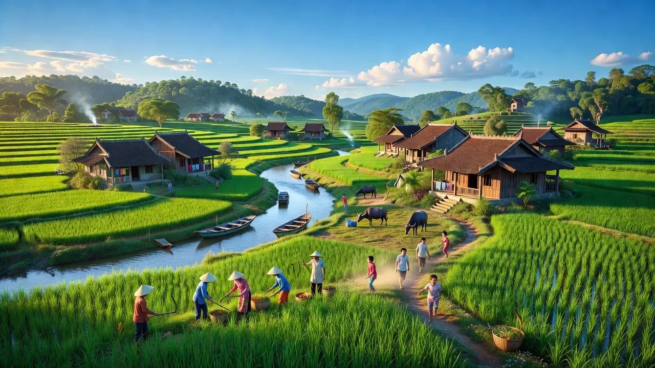 Khung cảnh xã Quý Sơn, Thị xã Chũ, tỉnh Bắc Giang với cánh đồng xanh, sông Lục Nam.