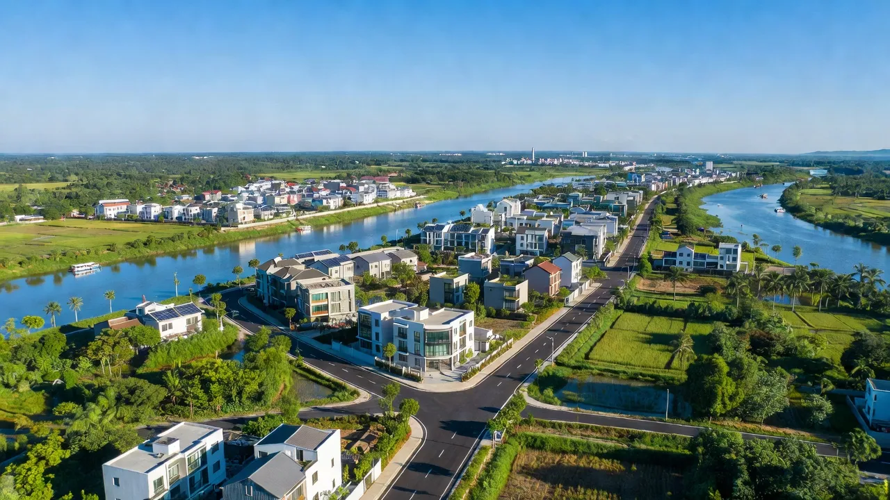 Khung cảnh phường Thanh Hải, Thị xã Chũ, Bắc Giang với sông Lục Nam và khu đô thị mới.