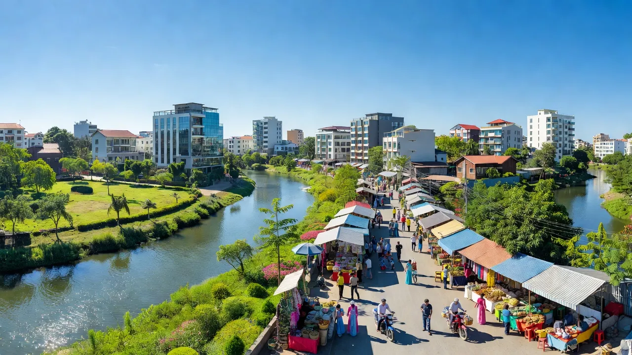Phường Thanh Hải, Thị xã Chũ, Bắc Giang với kiến trúc hiện đại và sông Lục Nam.