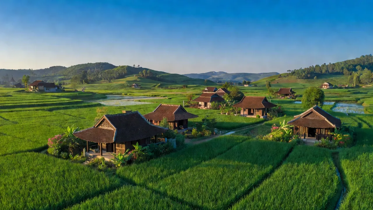 Cảnh quan Xã Châu Minh, huyện Hiệp Hòa, Bắc Giang với đồng ruộng xanh mướt và nhà truyền thống.