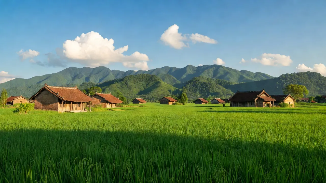 Khung cảnh bình yên xã Châu Minh, huyện Hiệp Hòa với đồng xanh và núi non Bắc Giang.