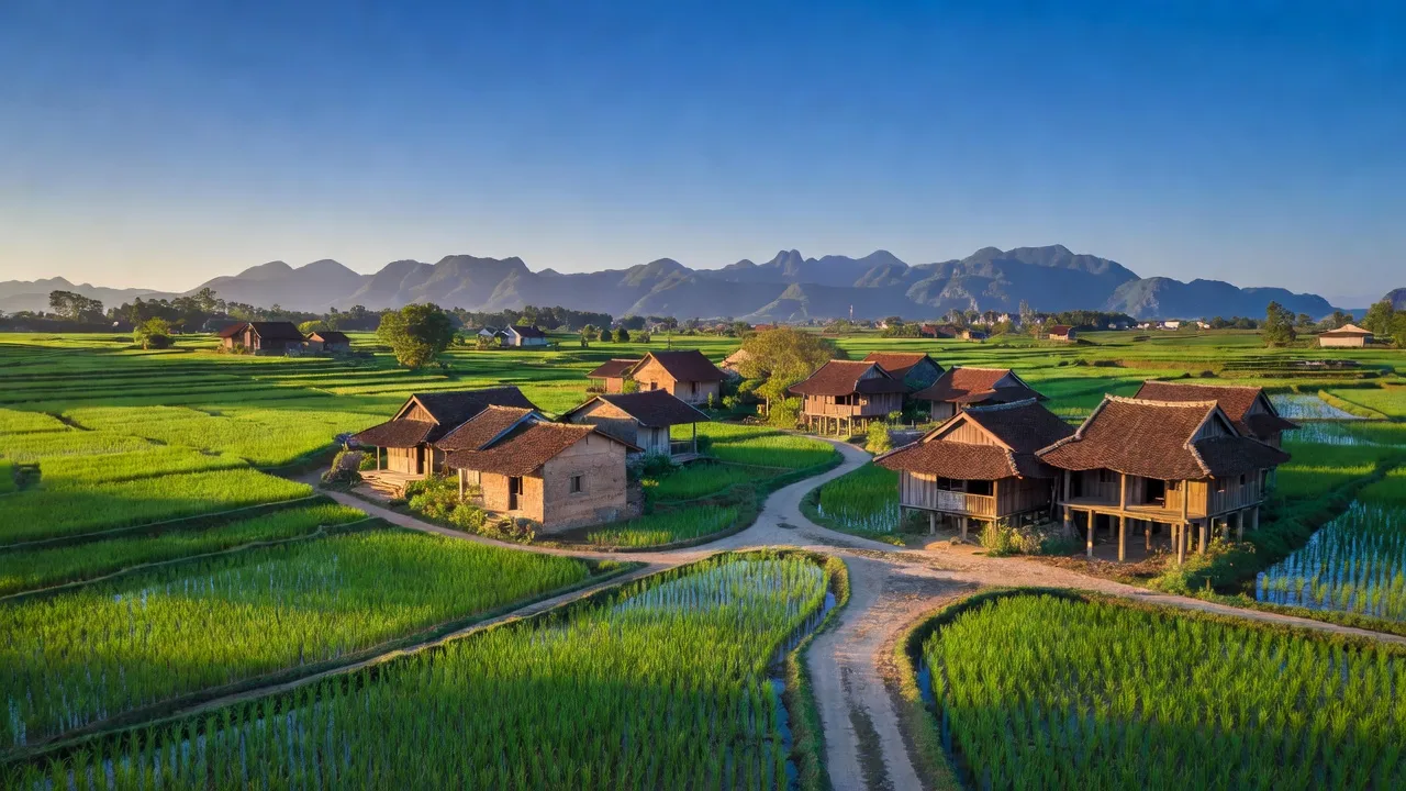 Danh Thắng xã huyện Hiệp Hòa với cánh đồng xanh, nhà truyền thống và núi xa, Bắc Giang.