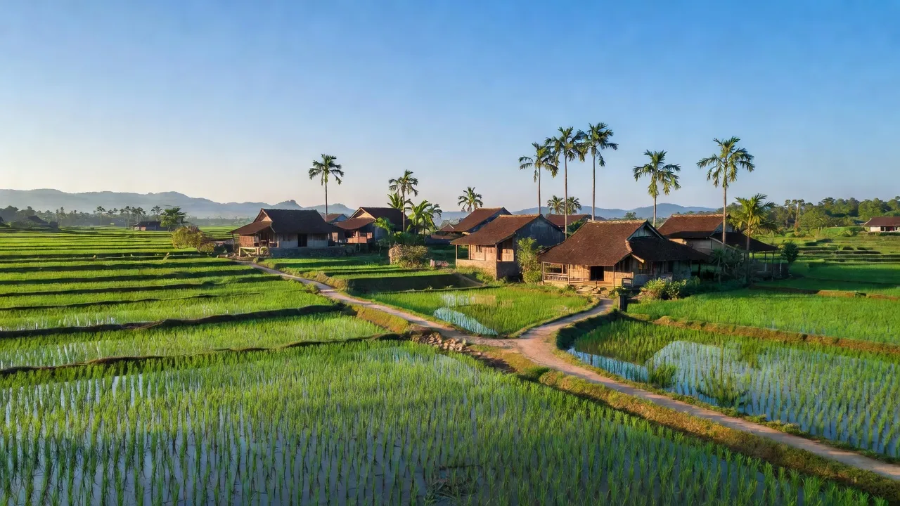 Khung cảnh yên bình của xã Đoan Bái, huyện Hiệp Hòa, tỉnh Bắc Giang với cánh đồng xanh tươi.