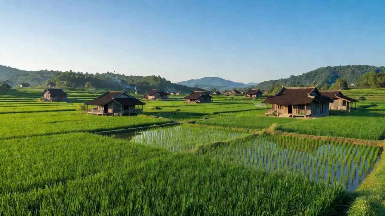 Khung cảnh yên bình tại xã Đông Lỗ, huyện Hiệp Hòa, Bắc Giang, với cánh đồng xanh tươi.