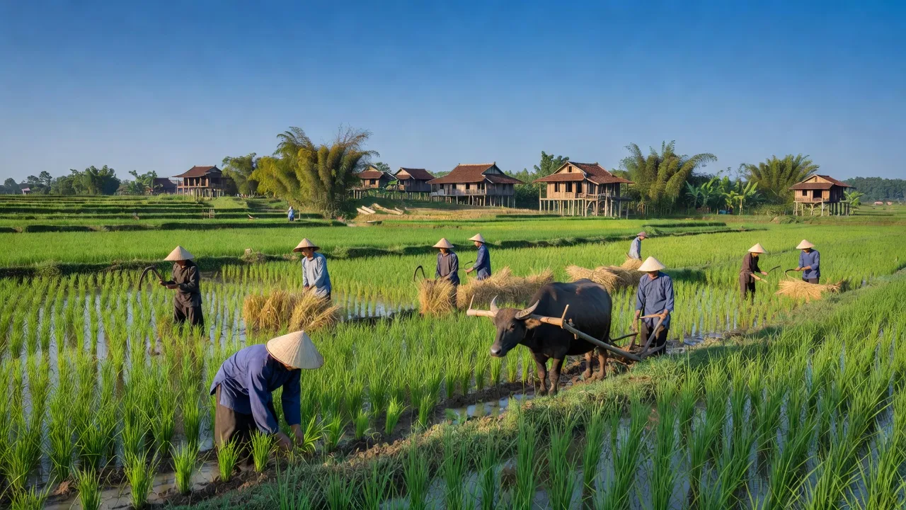 Khung cảnh đồng quê xã Đồng Tiến, Huyện Hiệp Hòa, Bắc Giang với cánh đồng xanh mướt.
