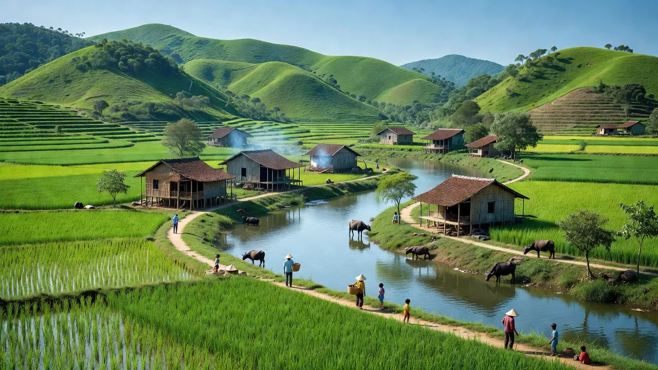 Quang cảnh xã Hoàng Vân, huyện Hiệp Hòa, tỉnh Bắc Giang với đồng xanh và sông Cầu.
