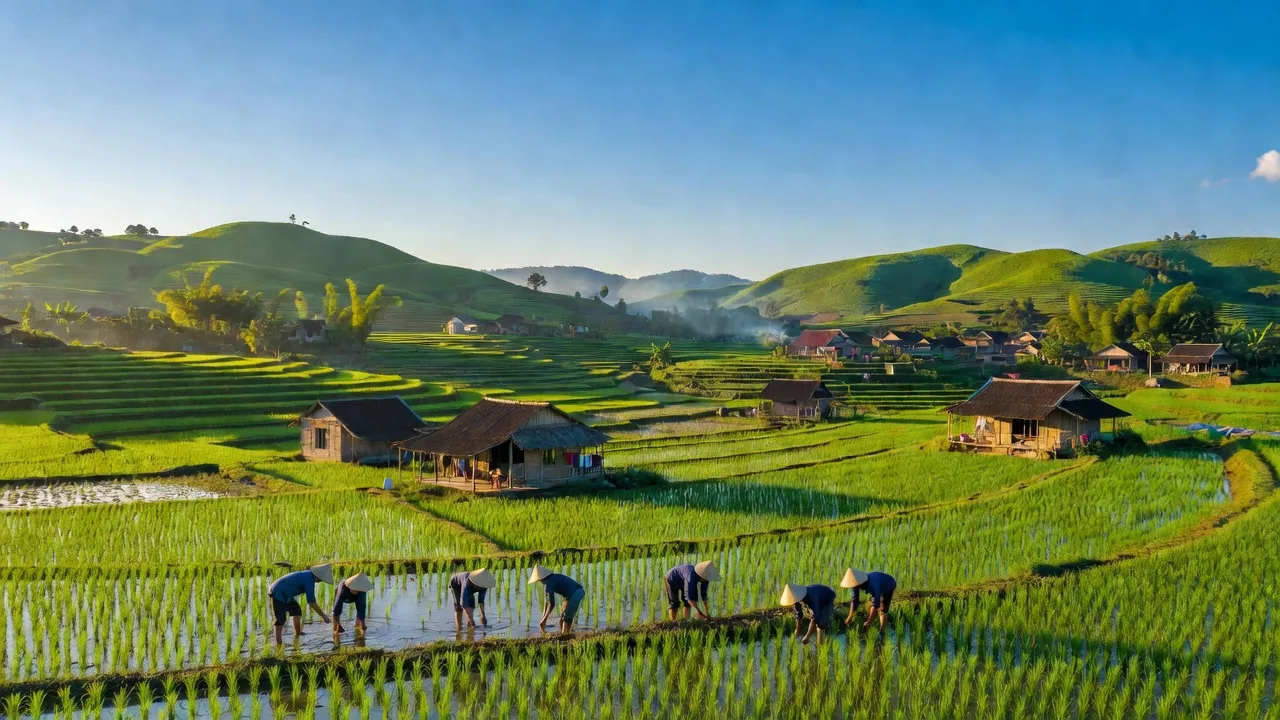 Khung cảnh Xã Hùng Thái, huyện Hiệp Hòa, tỉnh Bắc Giang với ruộng bậc thang và nhà dân.