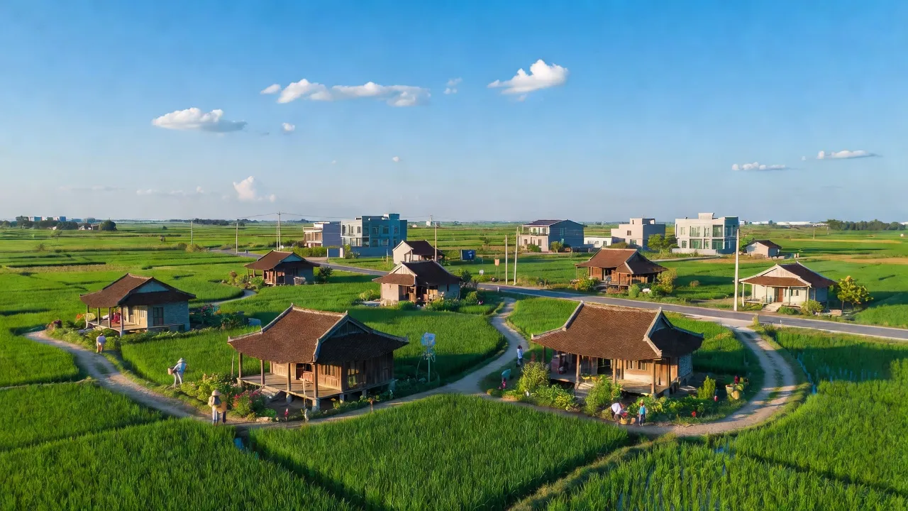 Cảnh quan xã Hương Lâm, huyện Hiệp Hòa, tỉnh Bắc Giang với nhà truyền thống và đồng xanh.