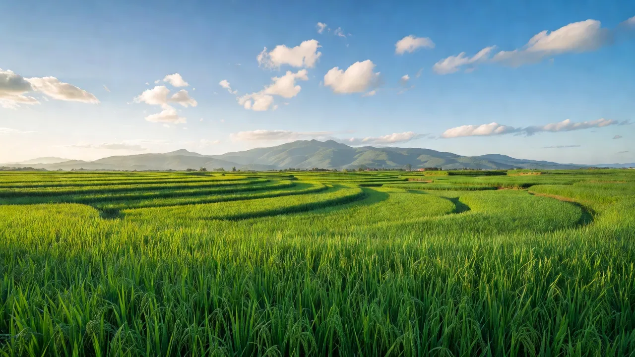 Cánh đồng xanh tại xã Mai Đình, huyện Hiệp Hòa, Bắc Giang với núi non và ánh nắng.