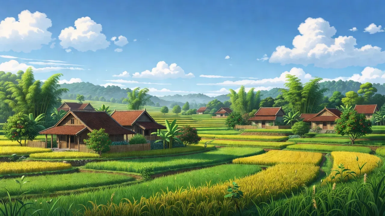 Cảnh đẹp xã Sơn Thịnh, huyện Hiệp Hòa, Bắc Giang với đồng xanh, nhà truyền thống và bầu trời trong xanh.