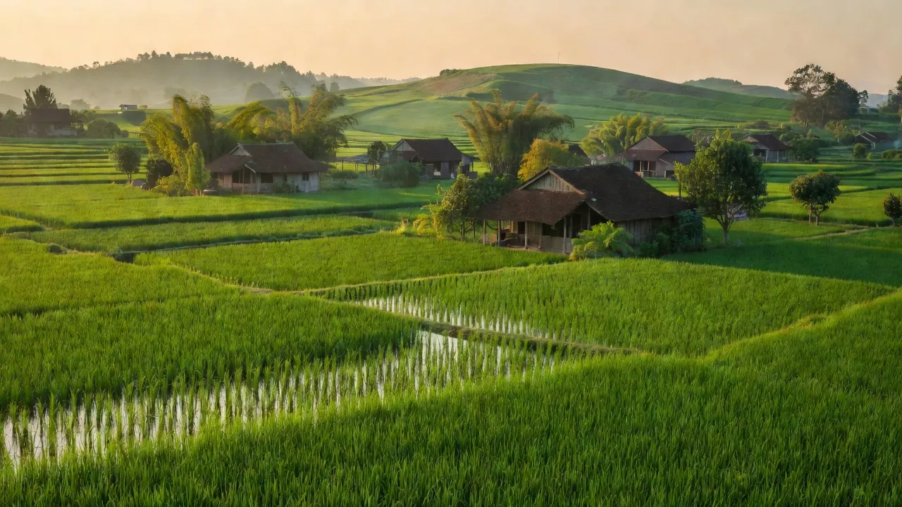 Khung cảnh đồng quê ở xã Toàn Thắng, huyện Hiệp Hòa, tỉnh Bắc Giang với cánh đồng xanh.