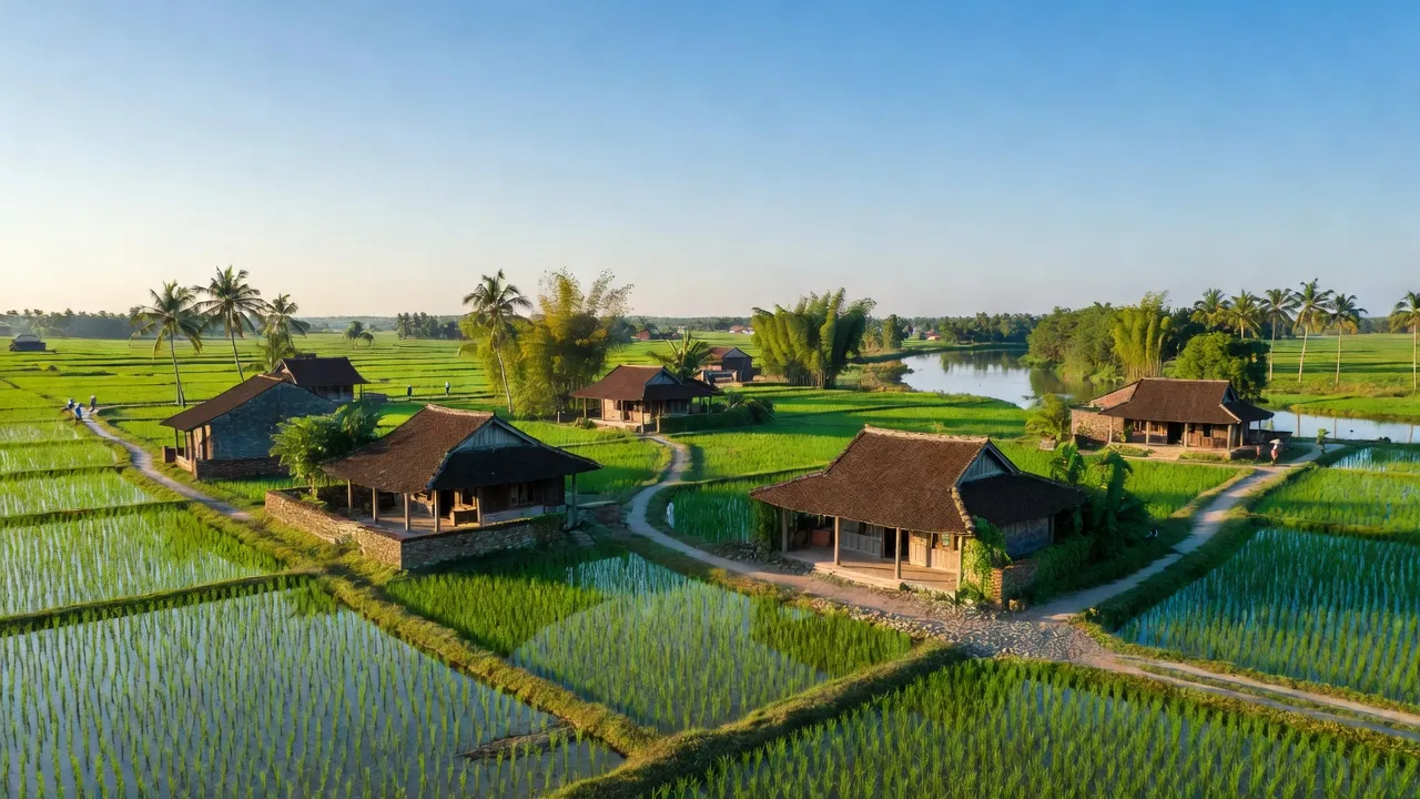 Khung cảnh xã Xuân Cẩm, huyện Hiệp Hòa, tỉnh Bắc Giang với cánh đồng xanh và nhà truyền thống.