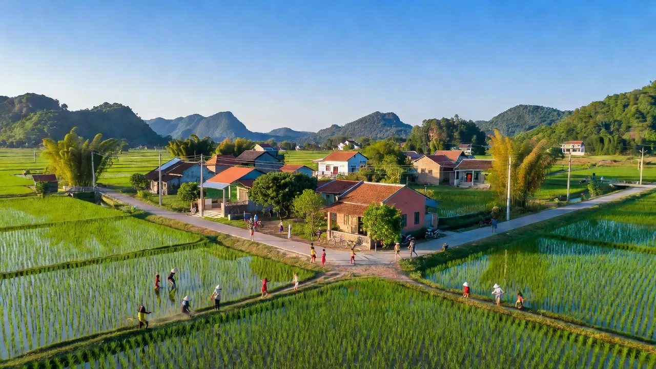 Cảnh quan Xã An Hà, Lạng Giang, Bắc Giang với cánh đồng xanh, nhà cửa và núi non surrounding.
