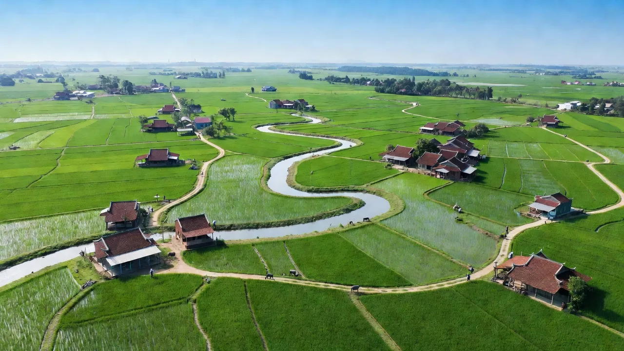 Cảnh quang xã An Hà huyện Lạng Giang, tỉnh Bắc Giang với ruộng xanh, nhà truyền thống, sông chảy.