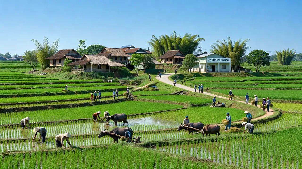Cảnh quan nông thôn xã Đại Lâm, huyện Lạng Giang, tỉnh Bắc Giang, với ruộng lúa xanh tươi và nhà truyền thống.