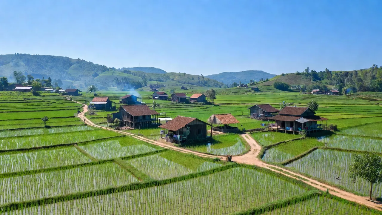Khung cảnh xã Đào Mỹ, huyện Lạng Giang, tỉnh Bắc Giang với cánh đồng xanh cùng nhà cửa và đồi.