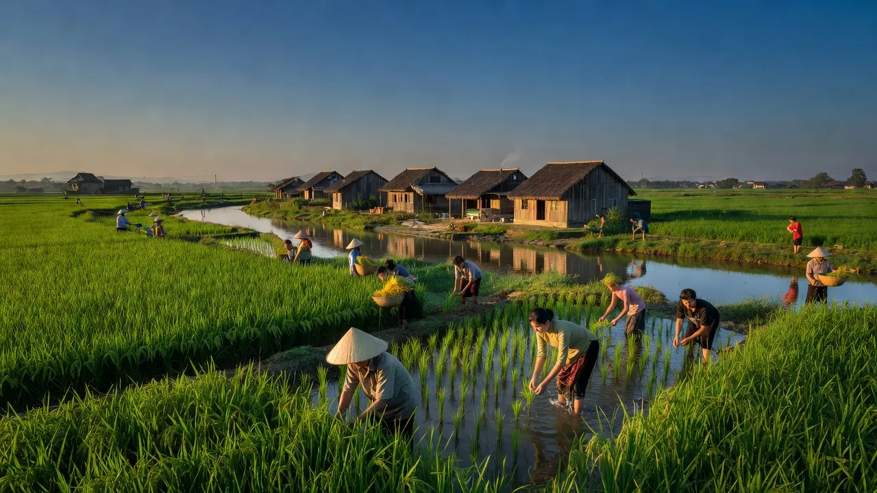 Khung cảnh yên bình ở xã Dương Đức, Lạng Giang, Bắc Giang với cánh đồng xanh và nhà truyền thống.