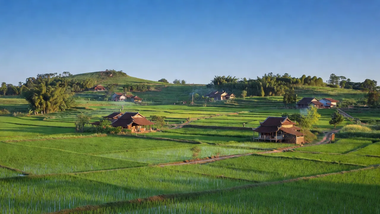 Cảnh đồng xanh và đồi thấp tại xã Hương Lạc, huyện Lạng Giang, tỉnh Bắc Giang, Việt Nam.