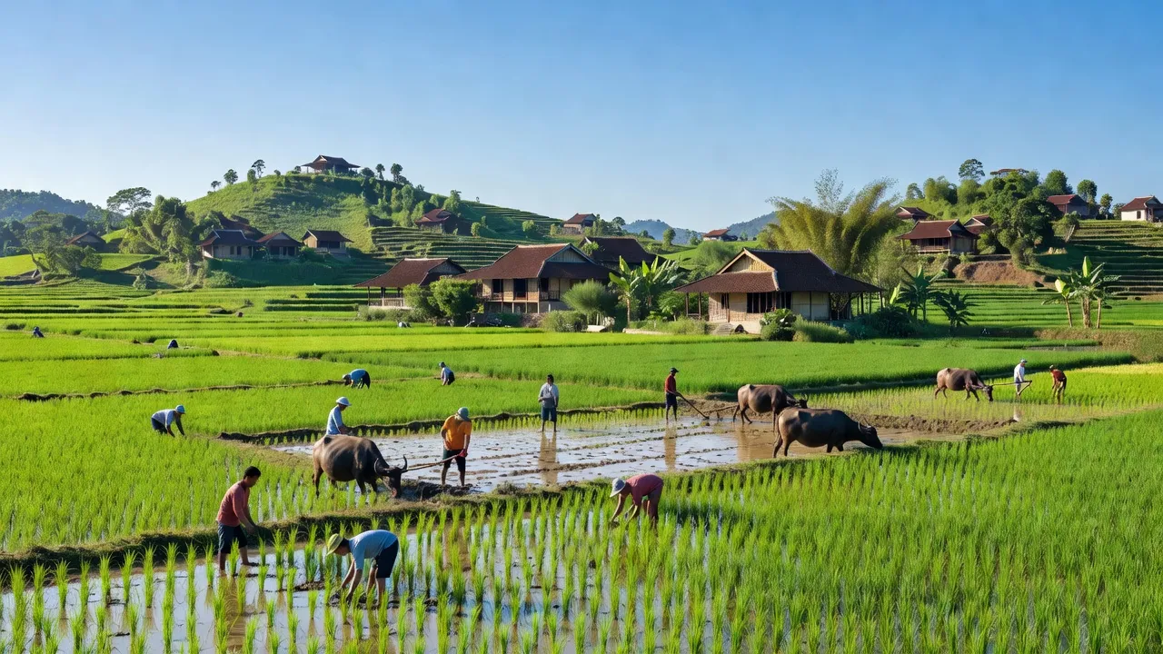 Cảnh quan bình yên ở Xã Hương Lạc, Huyện Lạng Giang với ruộng đất màu mỡ và đồi nhẹ.