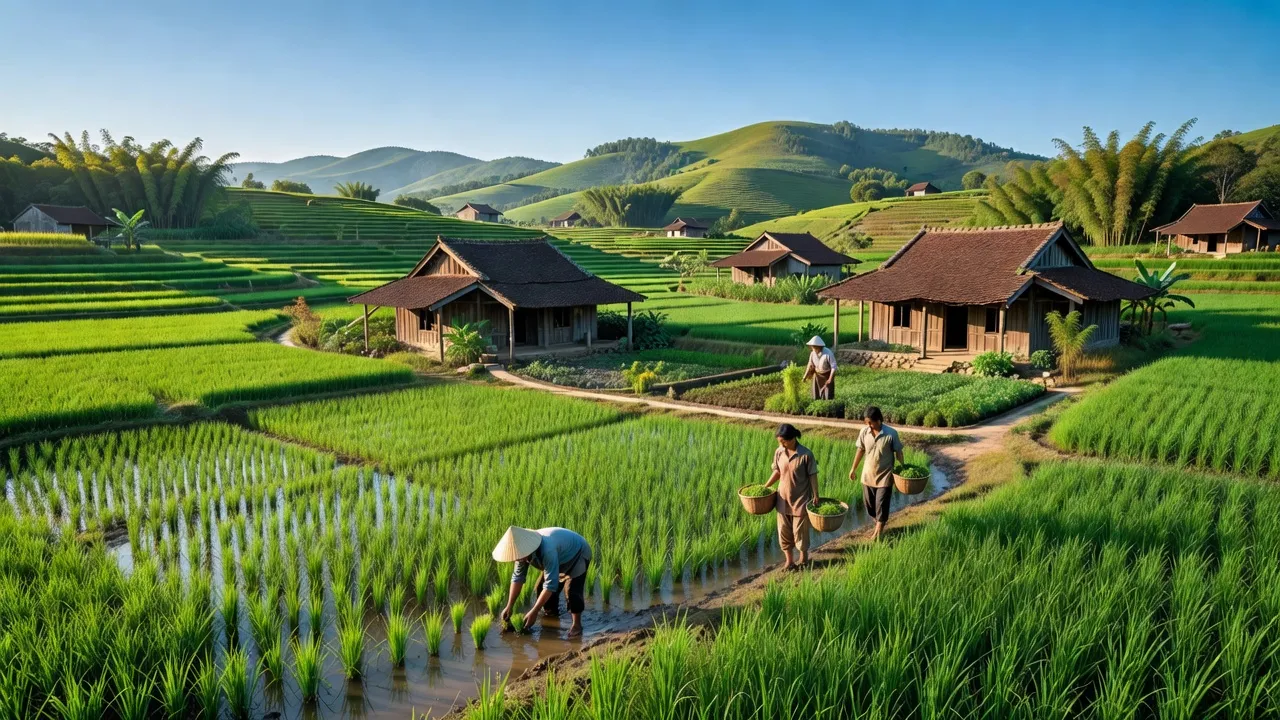 Cảnh đẹp xã Hương Sơn, huyện Lạng Giang, tỉnh Bắc Giang với ruộng bậc thang và nhà truyền thống.