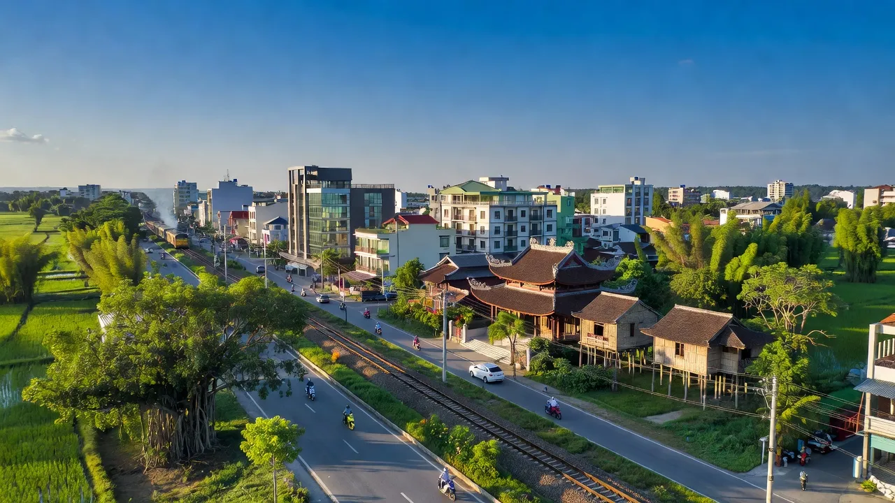 Khung cảnh thị trấn Kép, huyện Lạng Giang, Bắc Giang với kiến trúc truyền thống và cảnh quan xanh tươi.