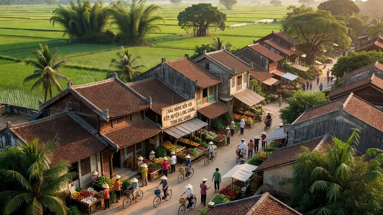 Khung cảnh thị trấn Kép, huyện Lạng Giang, tỉnh Bắc Giang với kiến trúc truyền thống và thiên nhiên xanh tươi.