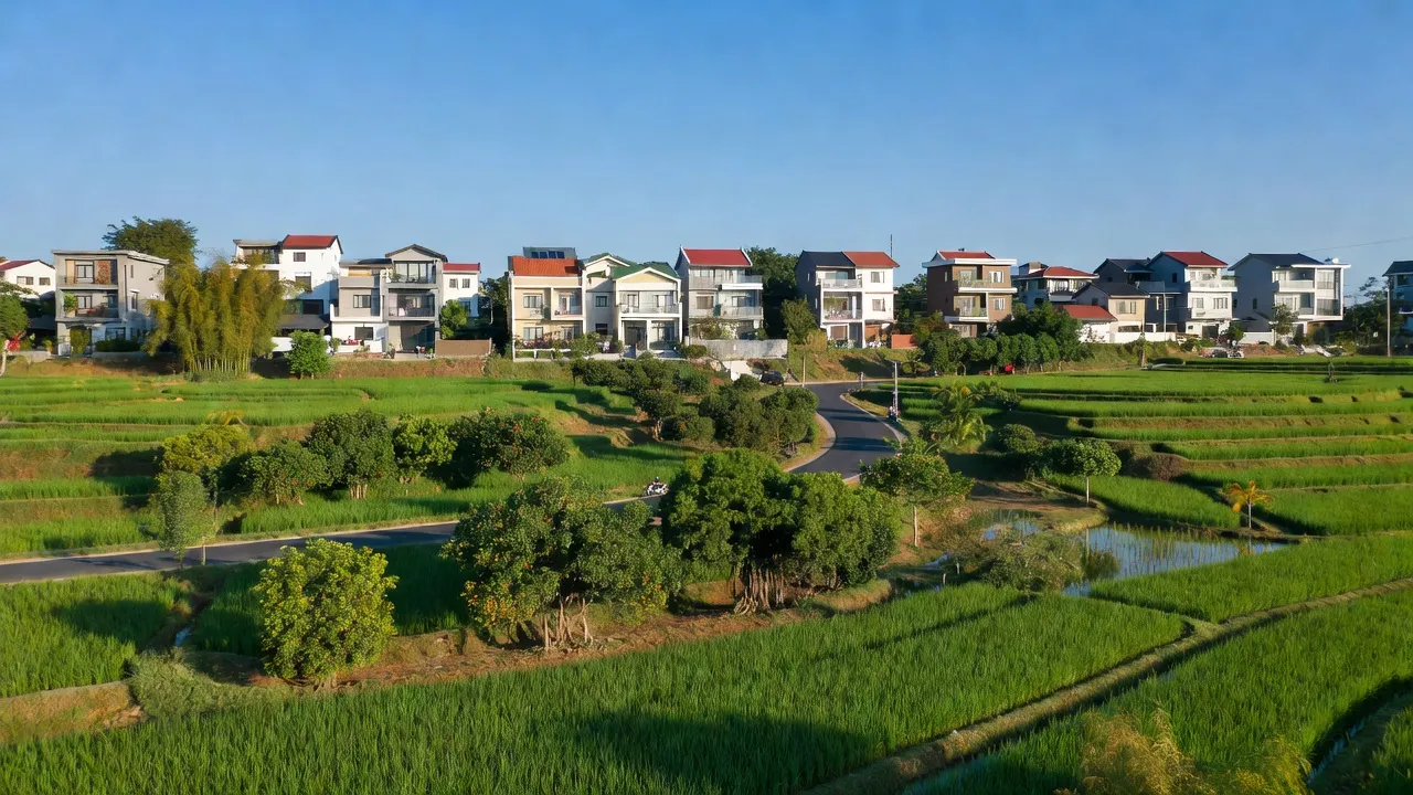 Khung cảnh xã Nghĩa Hòa, huyện Lạng Giang, tỉnh Bắc Giang với nhà hiện đại và thiên nhiên xanh mát.