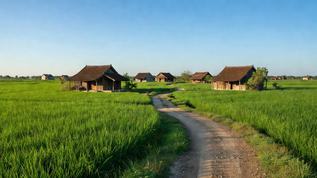 Nông thôn xã Nghĩa Hòa, huyện Lạng Giang, tỉnh Bắc Giang với cánh đồng xanh và nhà truyền thống.
