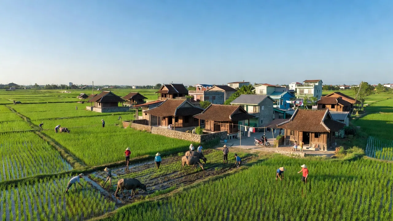 Quang cảnh xã Quang Thịnh, huyện Lạng Giang, Bắc Giang với cánh đồng xanh và nhà cửa truyền thống.