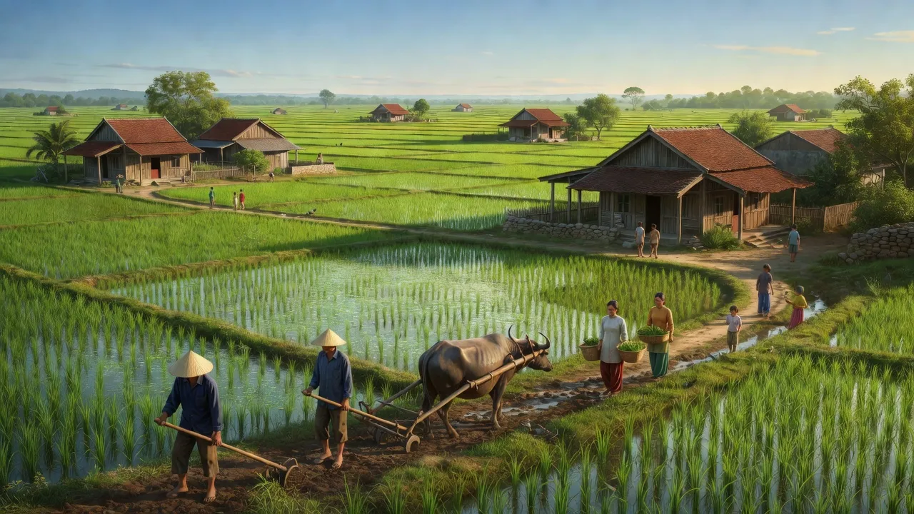 Cảnh đồng xanh tươi ở xã Tân Dĩnh, huyện Lạng Giang, Bắc Giang, thể hiện đời sống người dân.