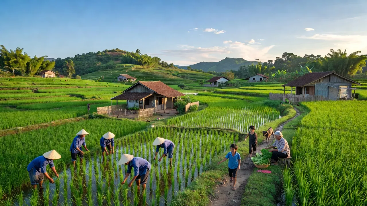 Cảnh quan xã Tân Dĩnh, Lạng Giang, Bắc Giang với cánh đồng xanh tươi và cuộc sống địa phương.