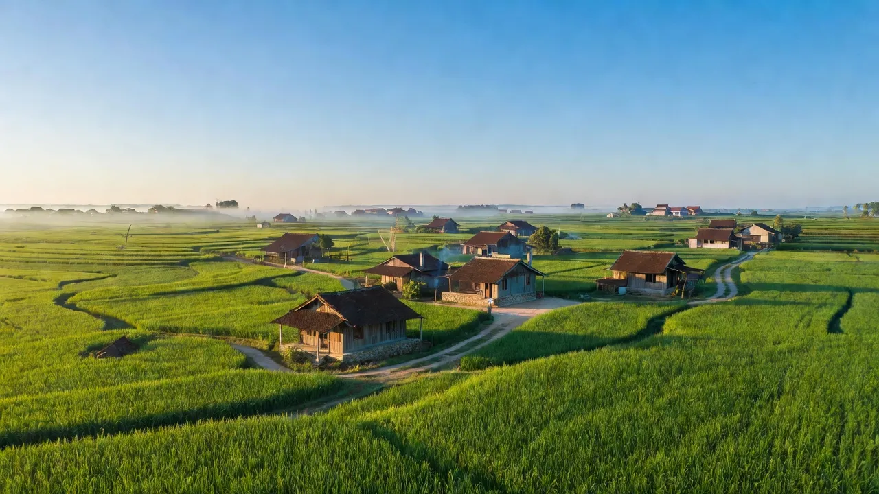Cảnh đẹp xã Tân Hưng huyện Lạng Giang, Bắc Giang với cánh đồng lúa xanh tươi và nhà cửa.