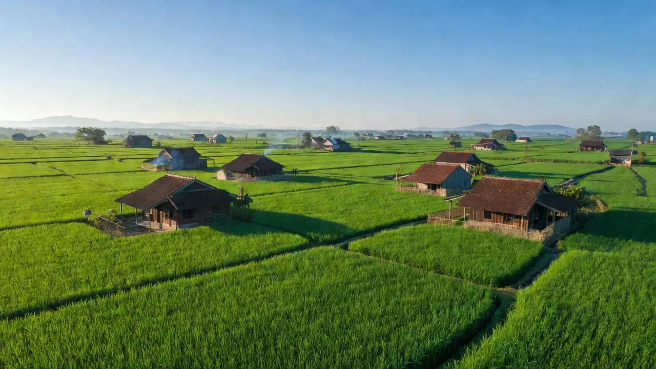 Cảnh đẹp xã Tân Thanh, huyện Lạng Giang, tỉnh Bắc Giang với cánh đồng xanh và nhà truyền thống.