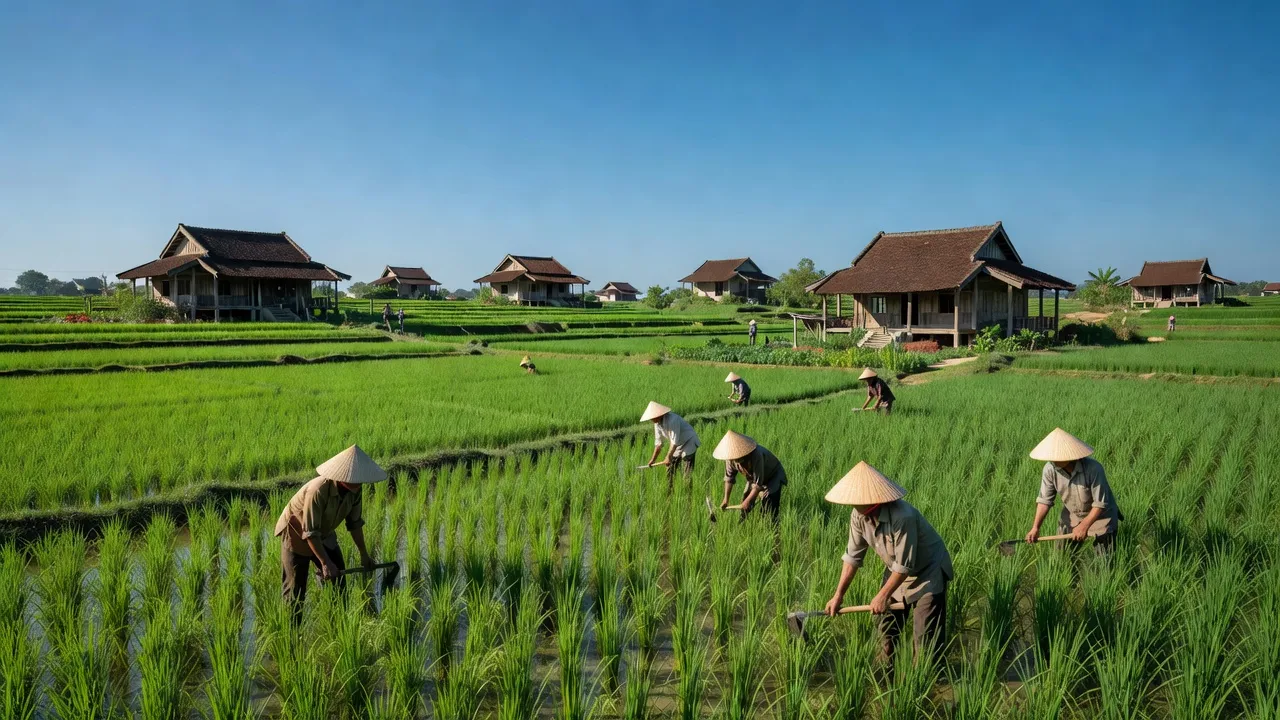 Cảnh đẹp xã Tân Thanh, huyện Lạng Giang với cánh đồng xanh và cuộc sống nông thôn bình yên.