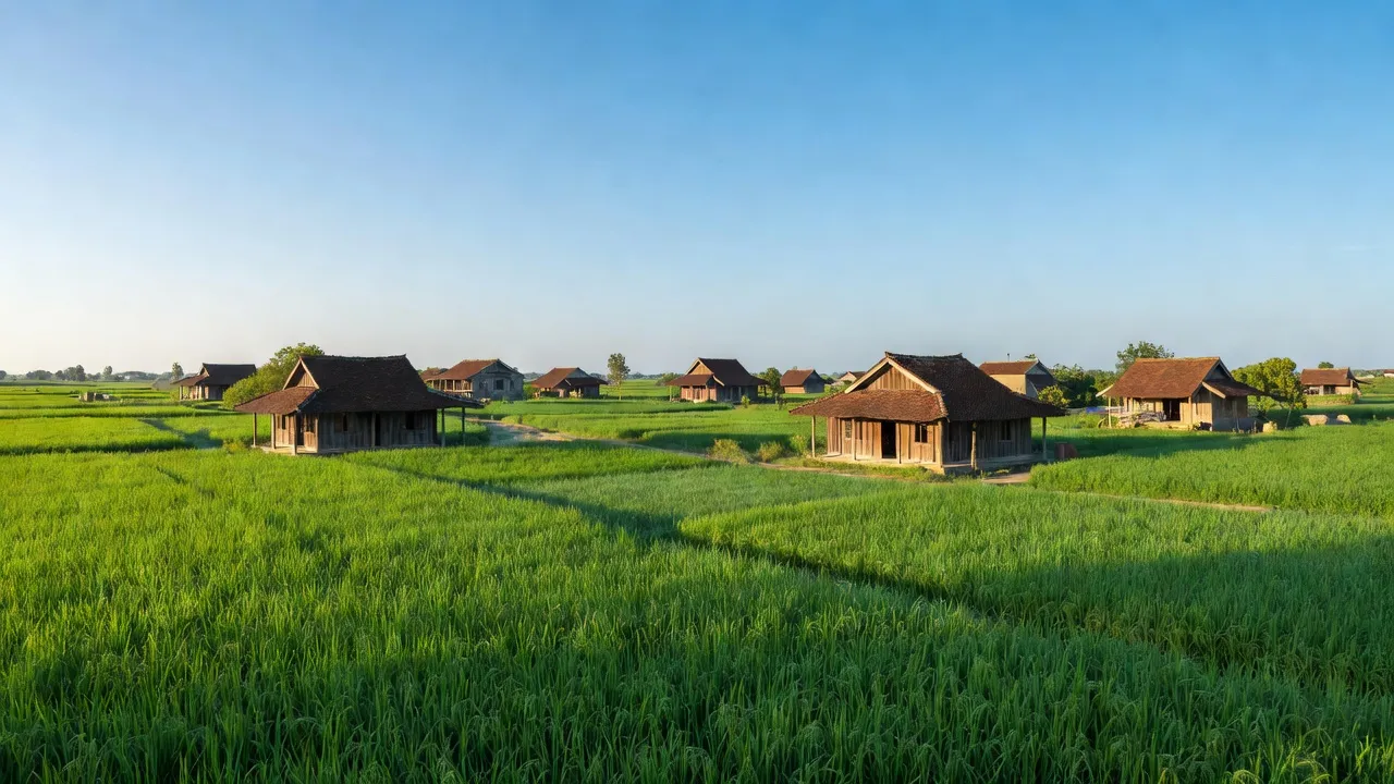Cảnh đẹp xã Tiên Lục, Lạng Giang, Bắc Giang với ruộng đồng và nhà truyền thống.