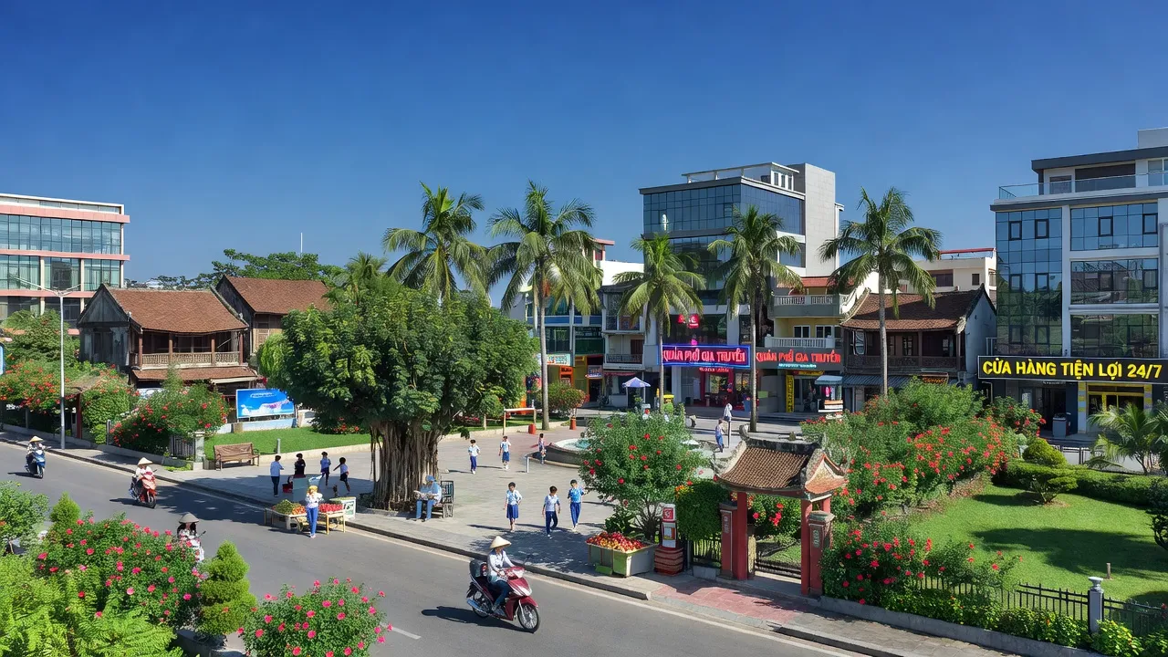 Khung cảnh trung tâm Thị trấn Vôi, huyện Lạng Giang, tỉnh Bắc Giang, xanh tươi và hiện đại.
