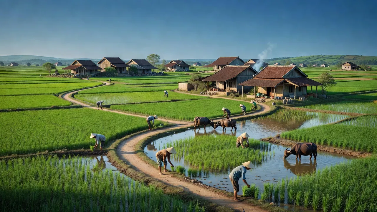 Cảnh đẹp xã Xuân Hương, huyện Lạng Giang, Bắc Giang với ruộng lúa xanh tươi và nhà truyền thống.