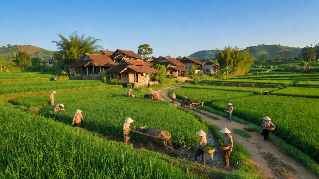 Cảnh đẹp xã Xuân Hương, Lạng Giang, Bắc Giang với cánh đồng xanh mướt và nhà truyền thống.