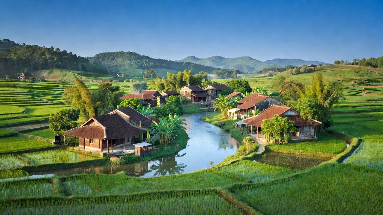 Khung cảnh tươi đẹp tại xã Xương Lâm, huyện Lạng Giang, Bắc Giang với cánh đồng xanh và nhà truyền thống.