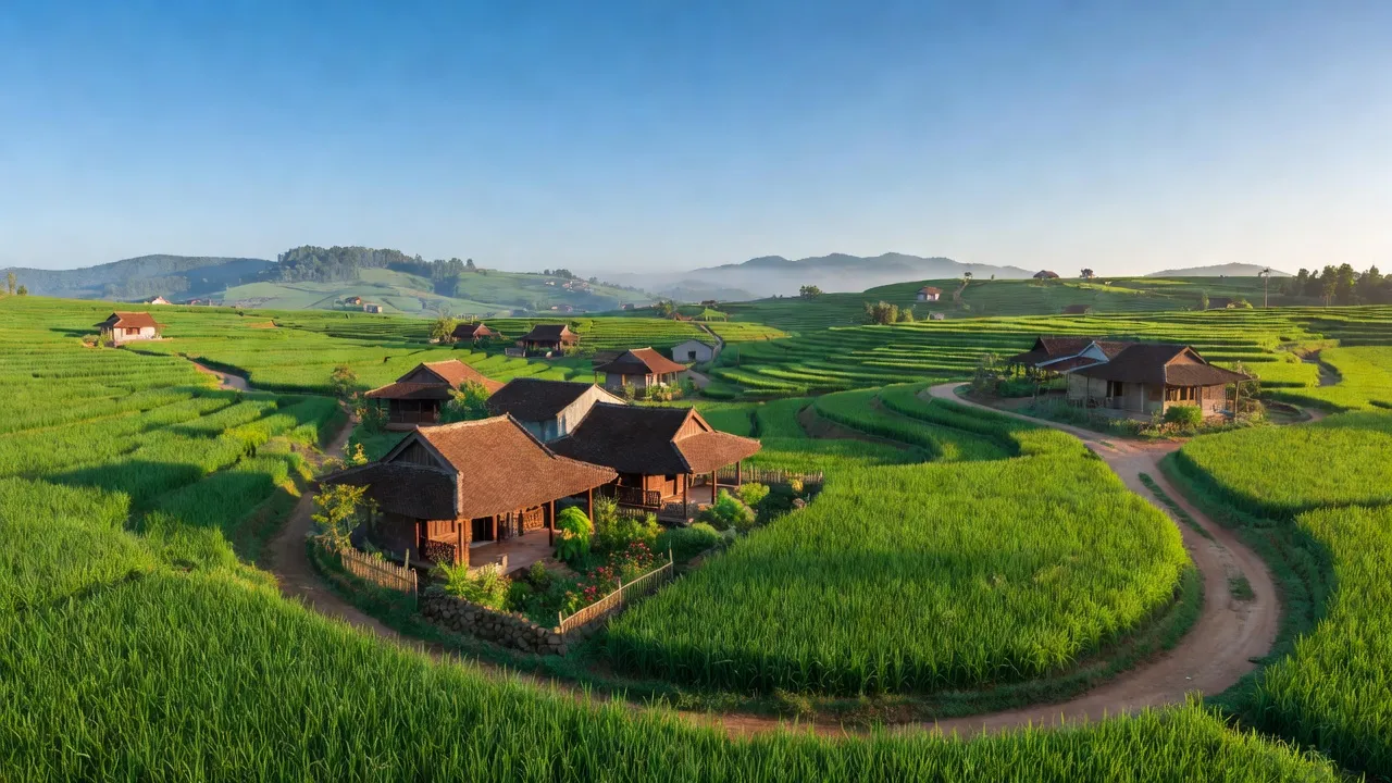 Cảnh làng Bảo Sơn, huyện Lục Nam, Bắc Giang với cánh đồng xanh và nhà truyền thống.