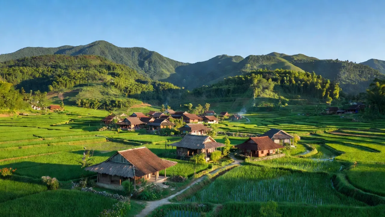 Quang cảnh xã Chu Điện huyện Lục Nam, Bắc Giang với núi non và cánh đồng xanh.