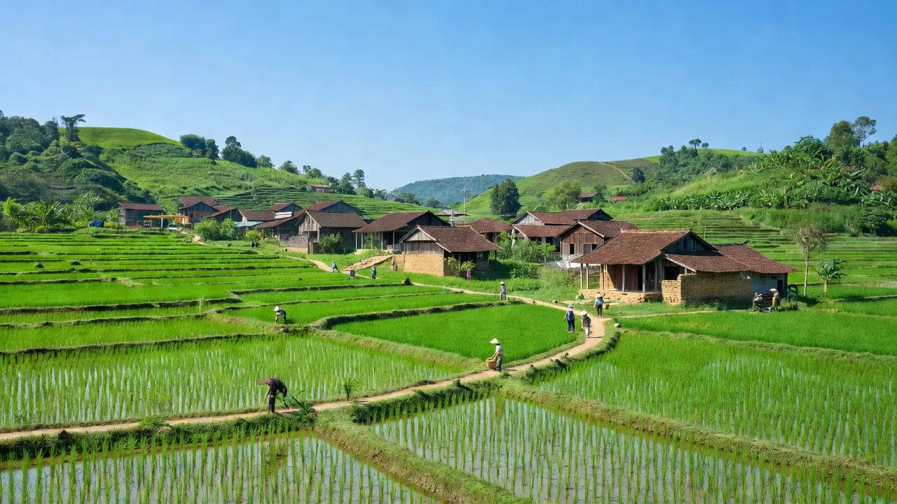 Cảnh đồng ruộng với làng Đan Hội, Lục Nam, Bắc Giang, thể hiện nông thôn Việt Nam và sự phát triển địa phương.