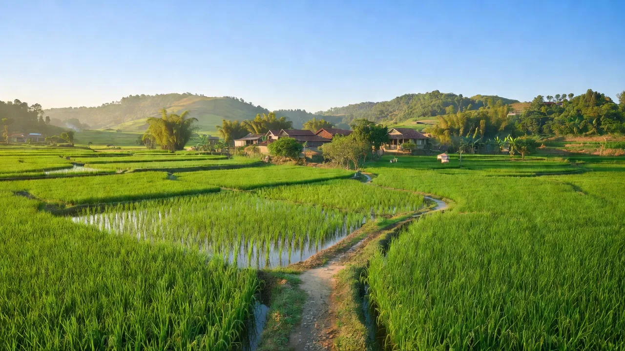 Khung cảnh yên bình của xã Đan Hội, huyện Lục Nam, tỉnh Bắc Giang với đồng lúa xanh tươi.