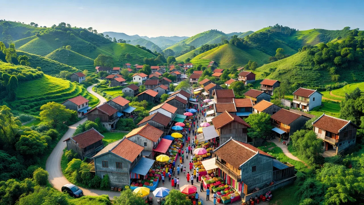 Khung cảnh thị trấn Đồi Ngô, huyện Lục Nam, Bắc Giang với những đồi núi xanh tươi và nhà truyền thống.