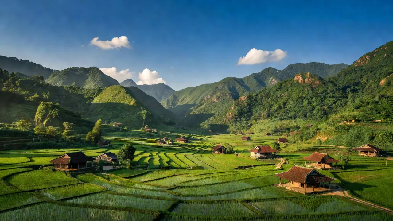 Cảnh đẹp xã Đông Phú, huyện Lục Nam, Bắc Giang với núi non và cánh đồng lúa.