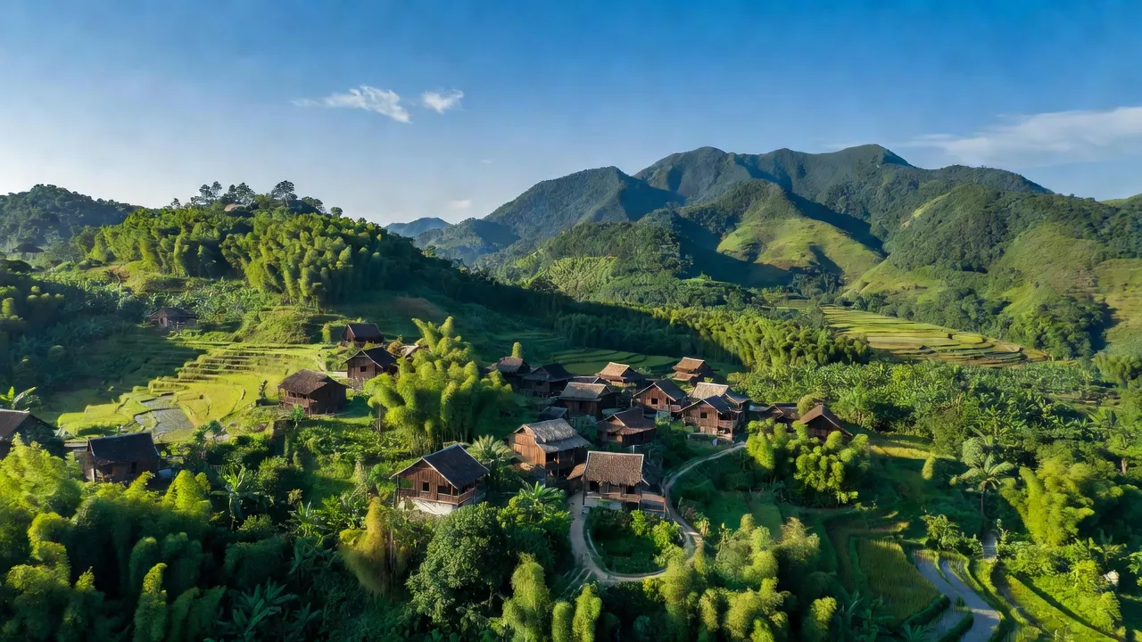 Khung cảnh xã Đông Phú, huyện Lục Nam, tỉnh Bắc Giang với nhà gỗ và núi xanh.